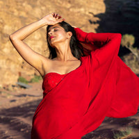 Red Ready to Wear Saree with stitched Blouse