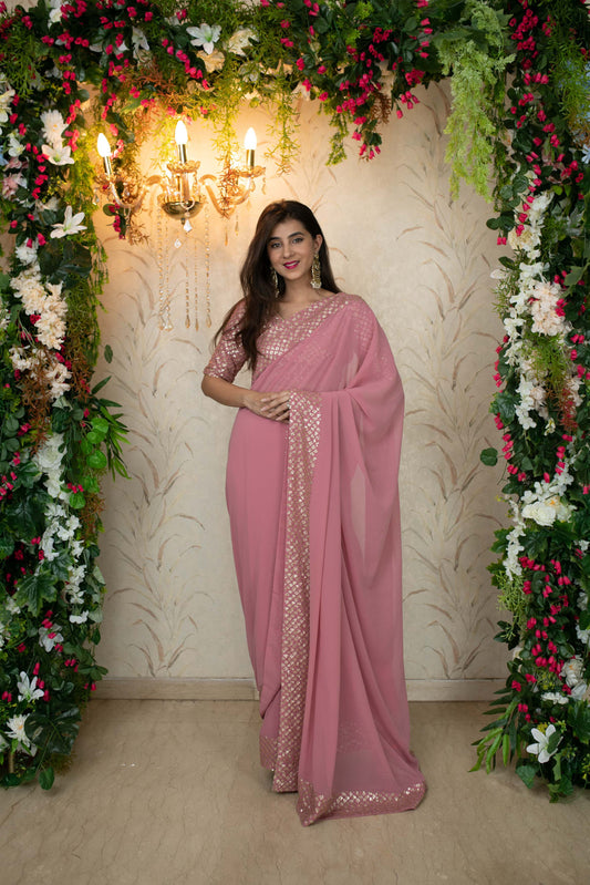 Dusty Pink Saree With Heavy Sequin Border