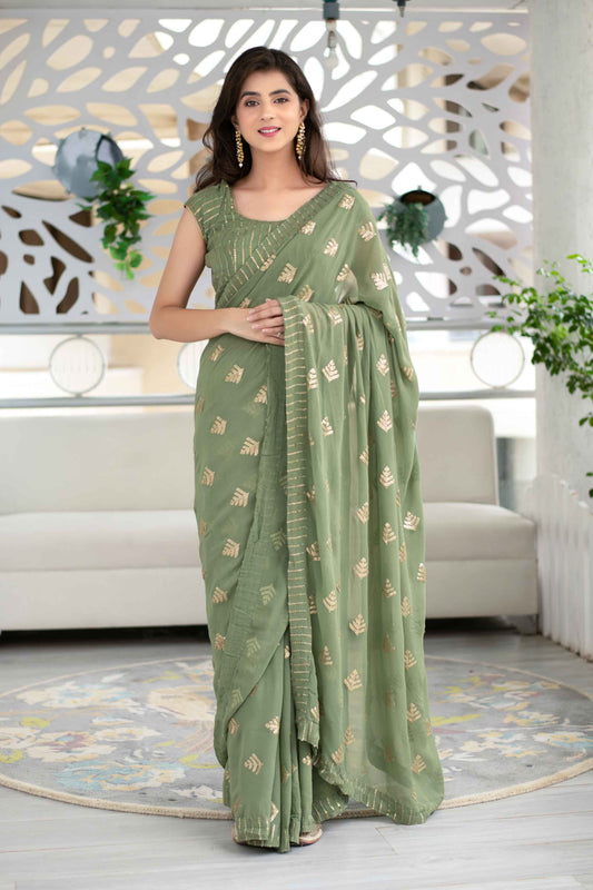 Olive Green Sequin Work Saree