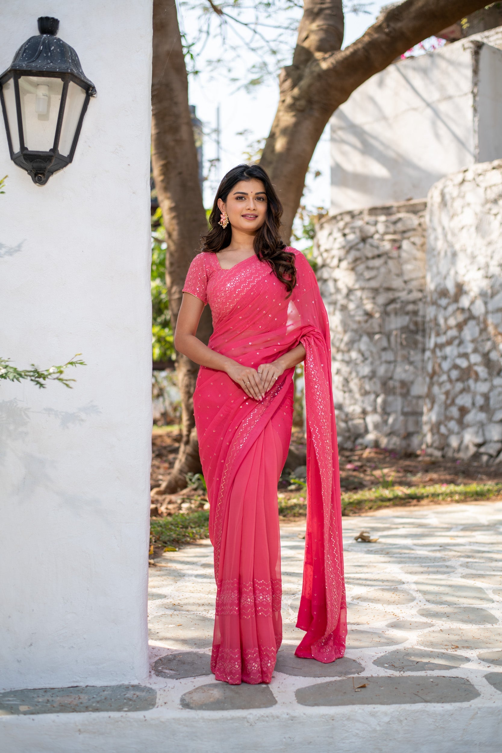 Rose Pink Sequin Saree