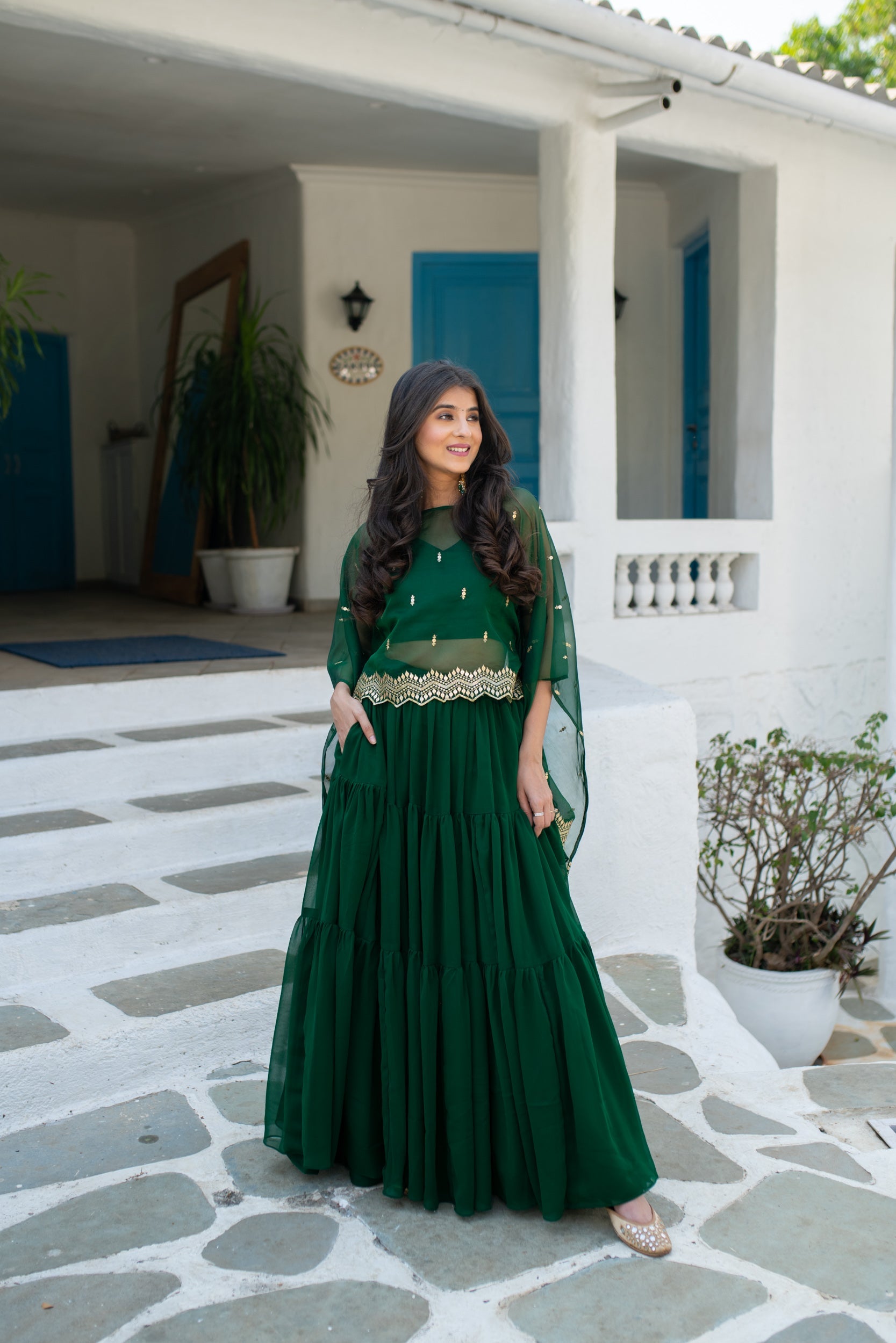 Bottle Green Cape Lehenga Choli