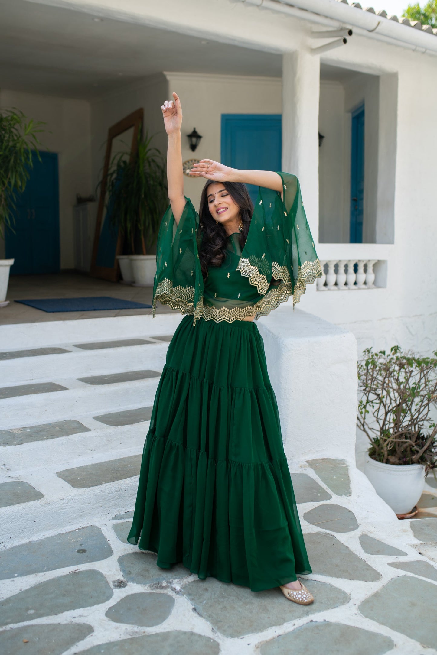 Bottle Green Cape Lehenga Choli