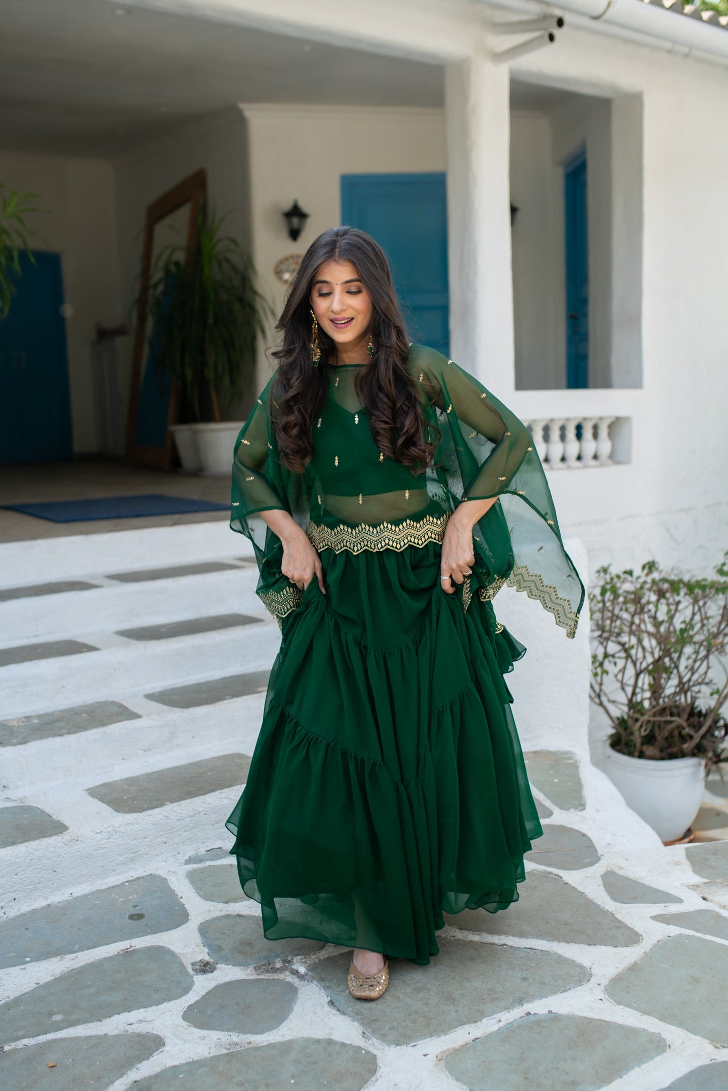 Bottle Green Cape Lehenga Choli