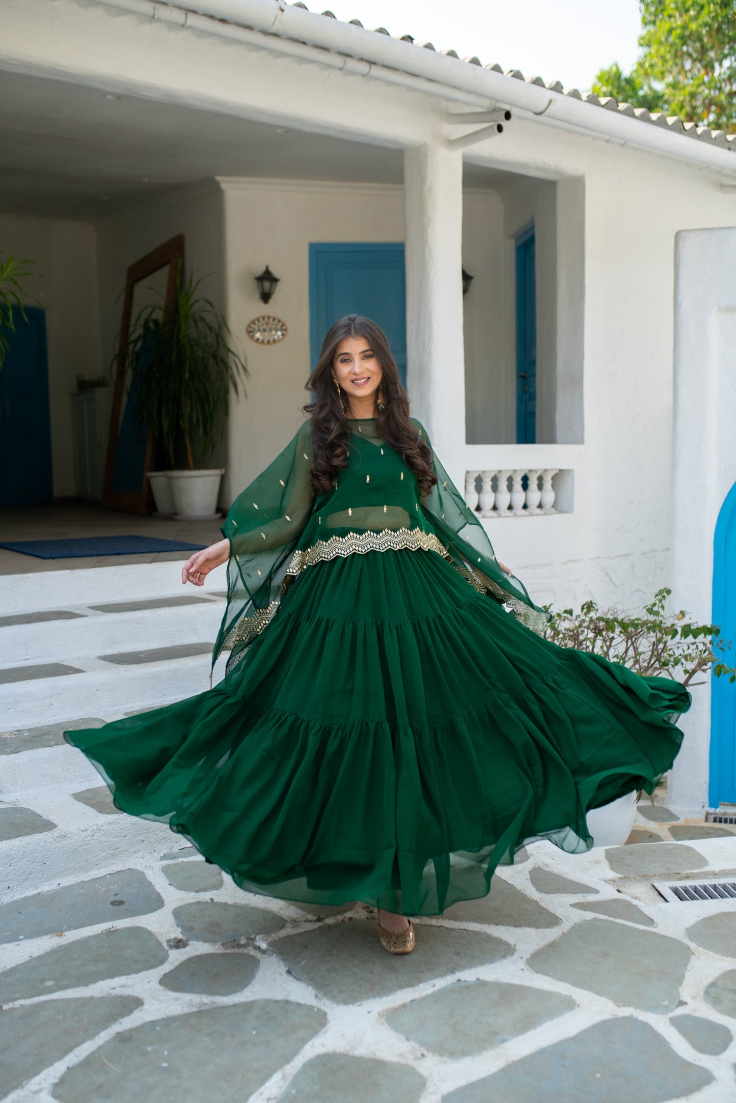 Bottle Green Cape Lehenga Choli