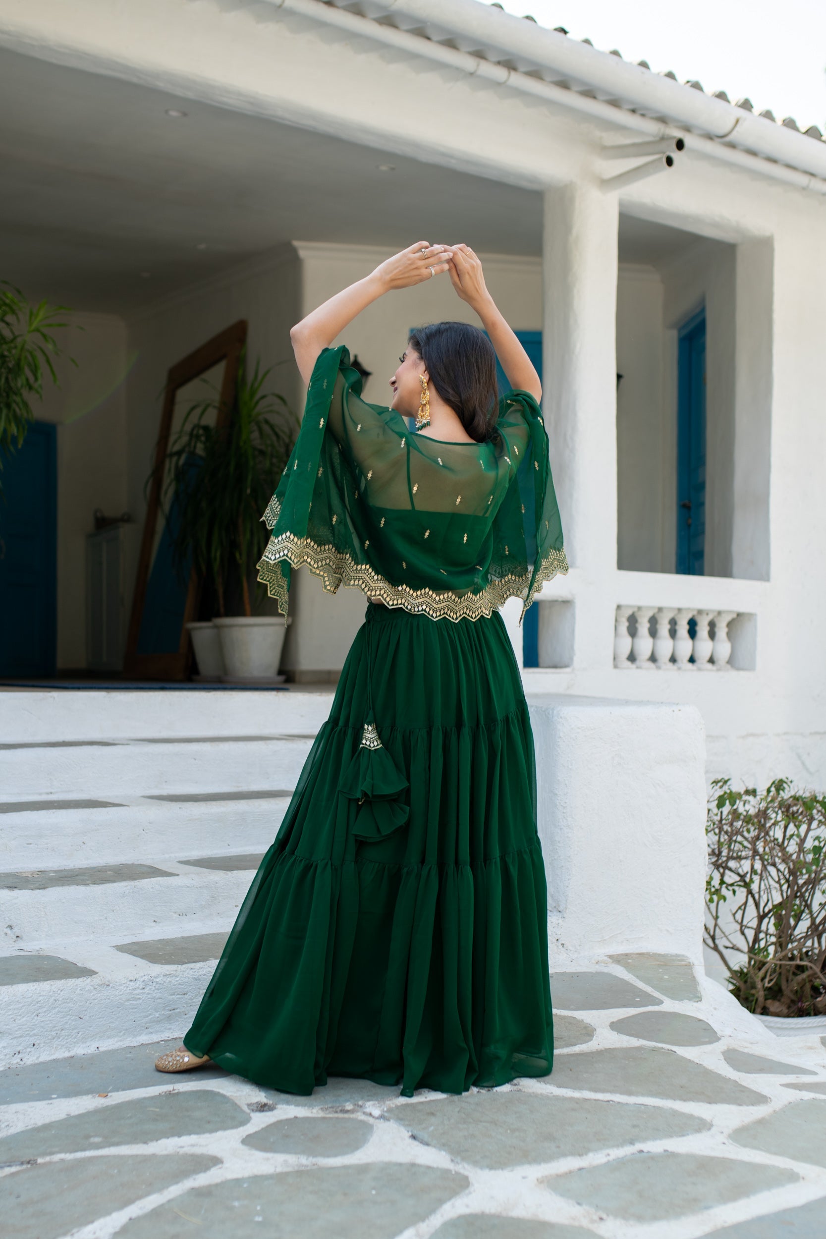 Bottle Green Cape Lehenga Choli