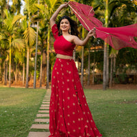 Red one shoulder Lehenga