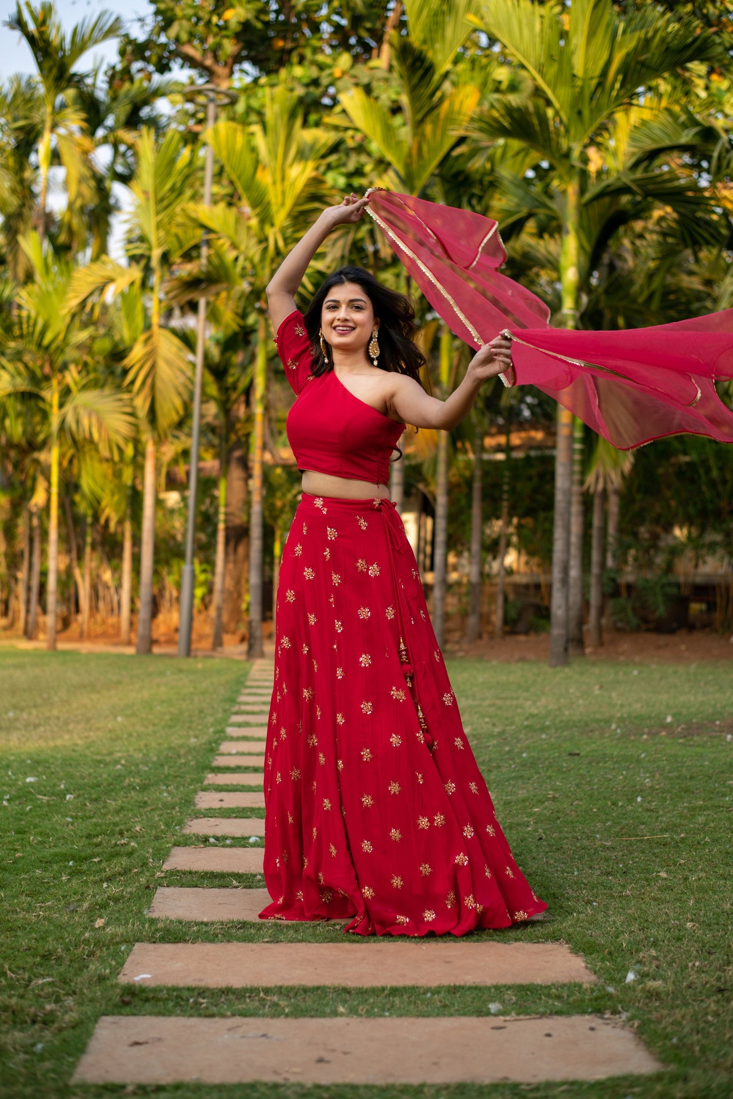 Red one shoulder Lehenga