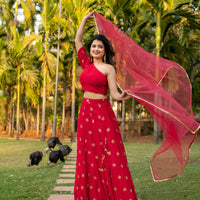 Red one shoulder Lehenga