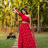 Red one shoulder Lehenga