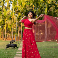Red one shoulder Lehenga