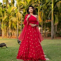 Red one shoulder Lehenga