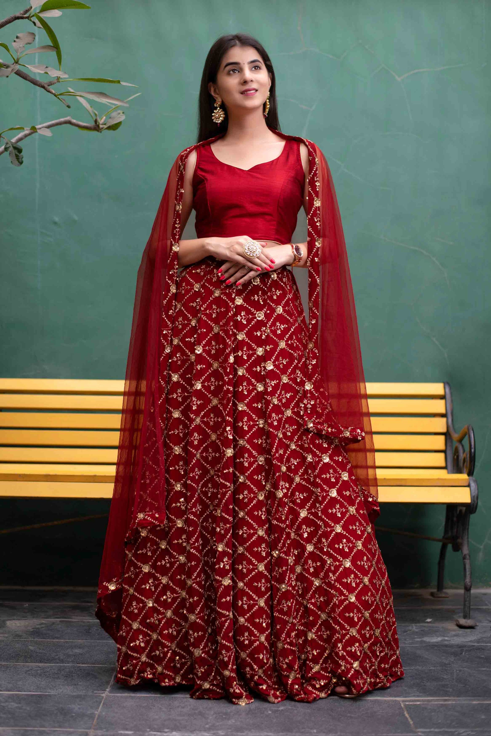 Deep Red Sequin And Zari Work Lehenga Set
