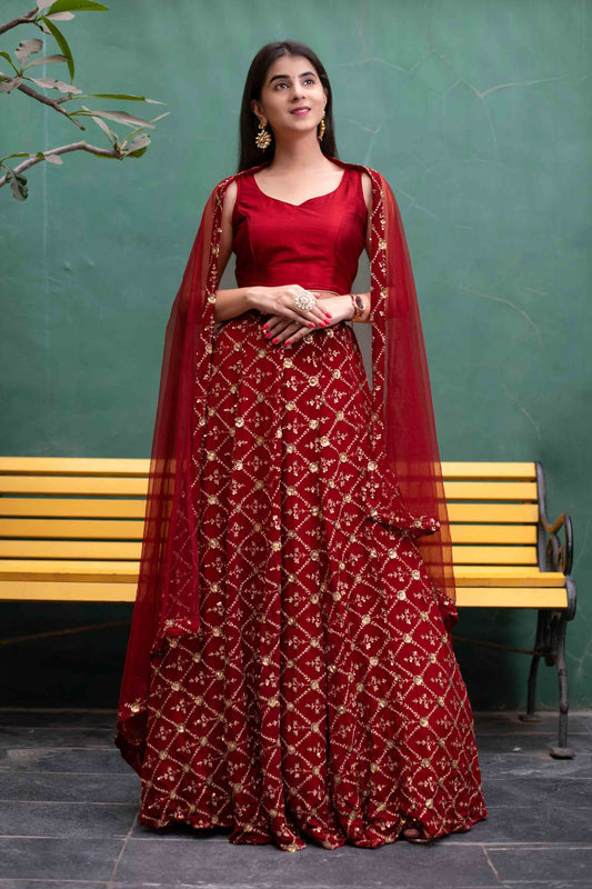 Deep Red Sequin And Zari Work Lehenga Set