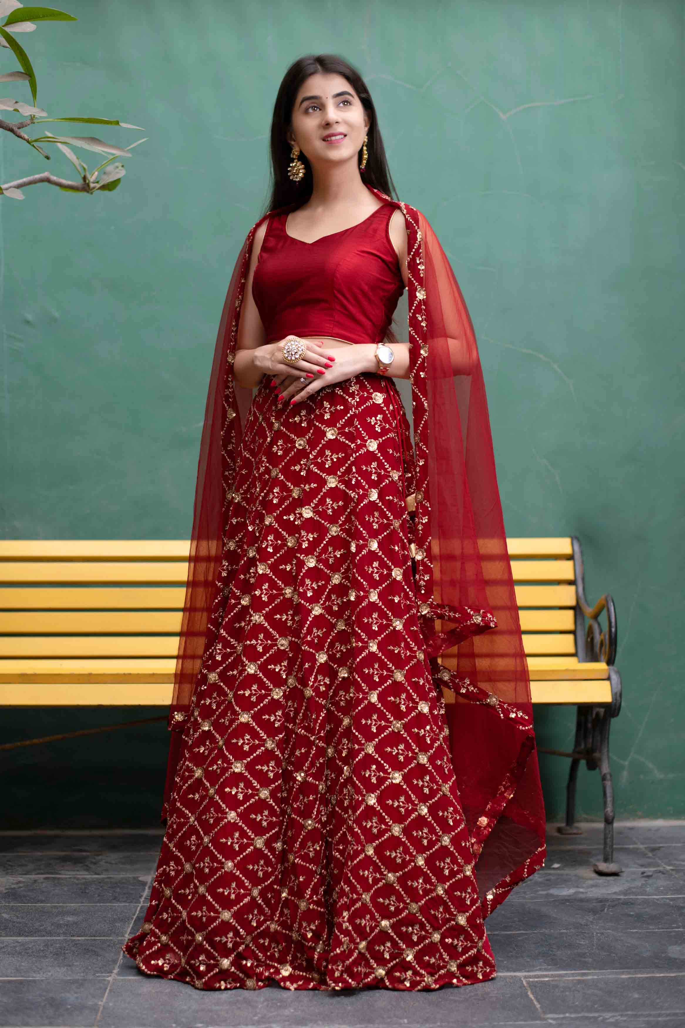 Deep Red Sequin And Zari Work Lehenga Set
