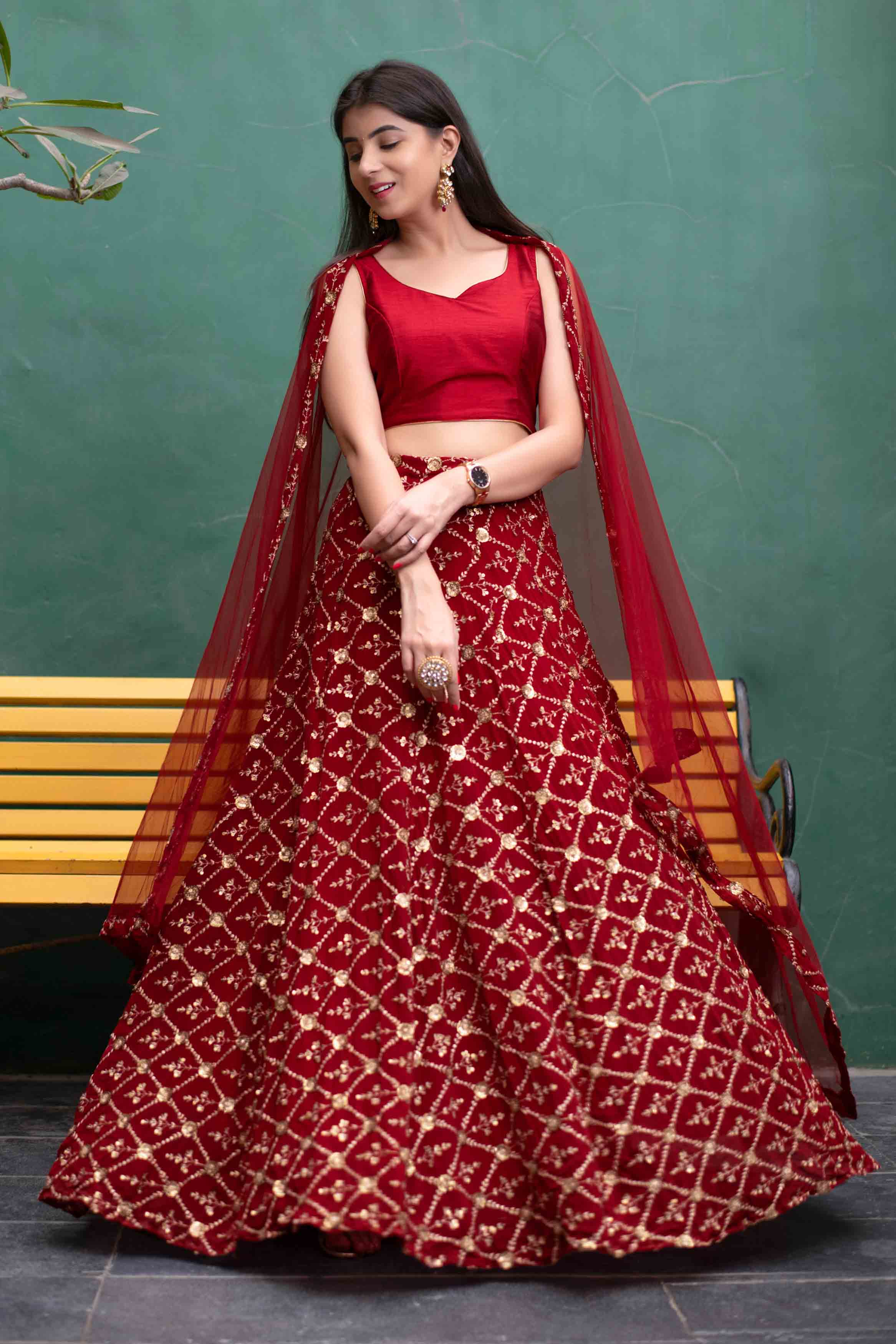 Deep Red Sequin And Zari Work Lehenga Set