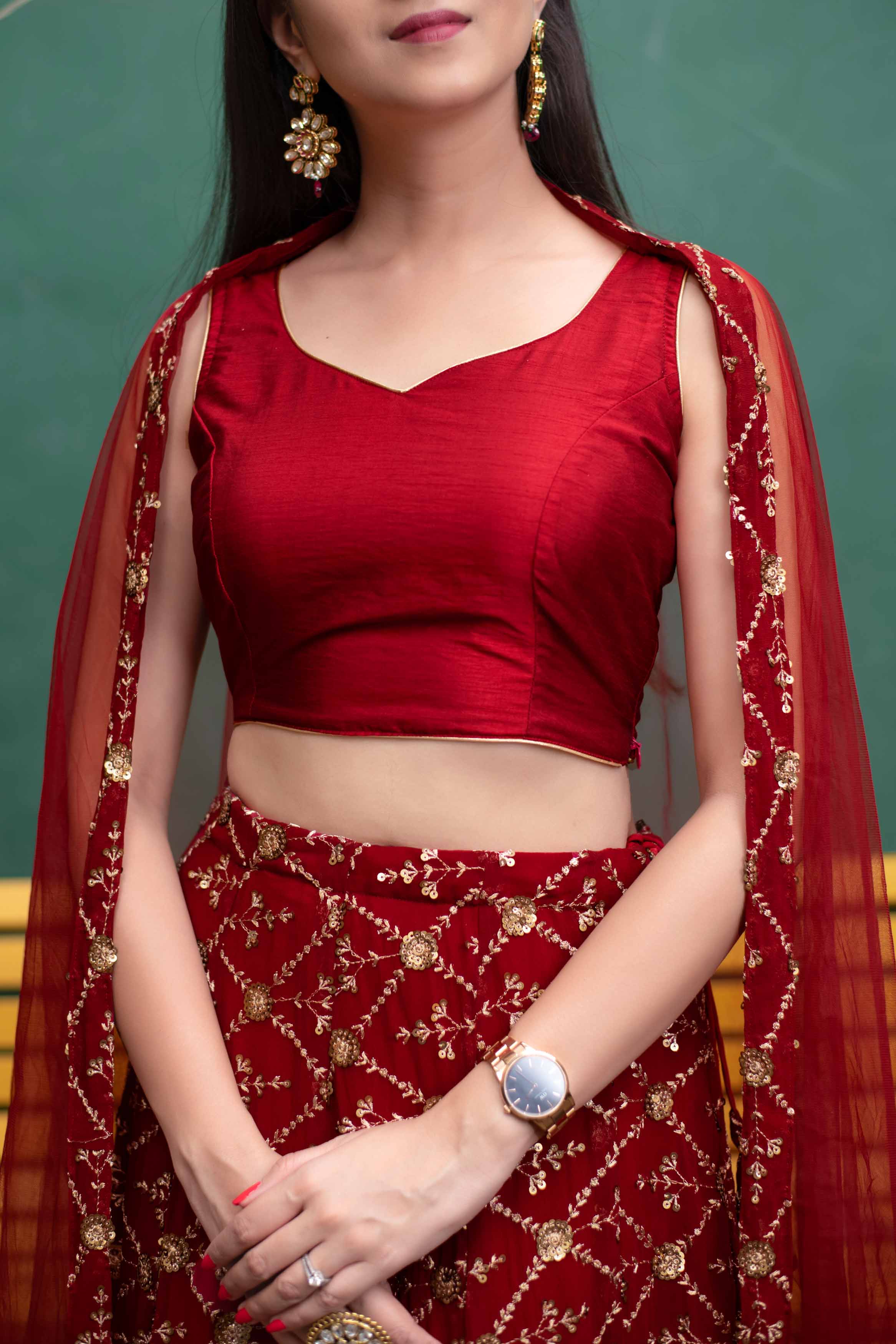 Deep Red Sequin And Zari Work Lehenga Set