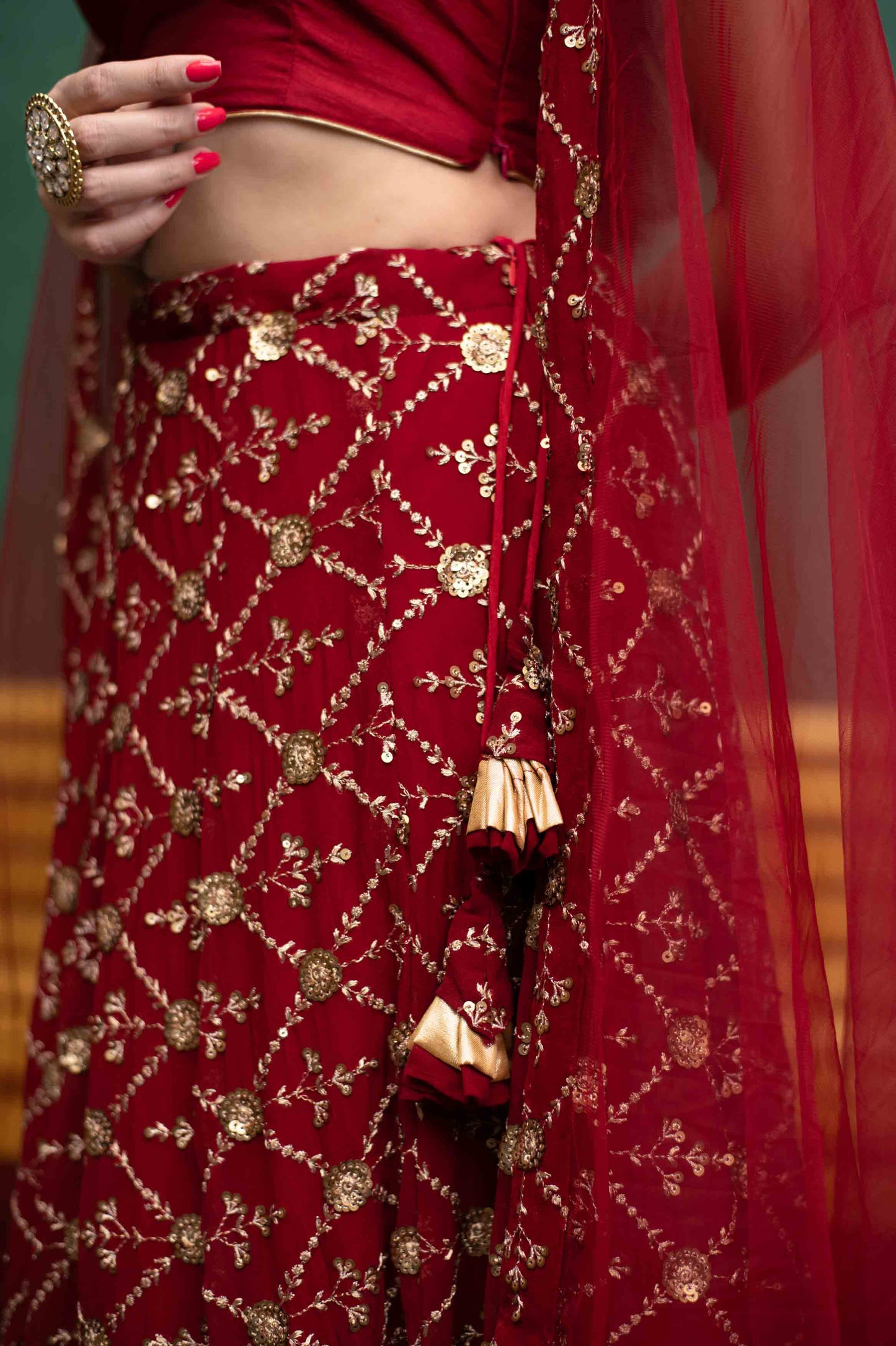 Deep Red Sequin And Zari Work Lehenga Set