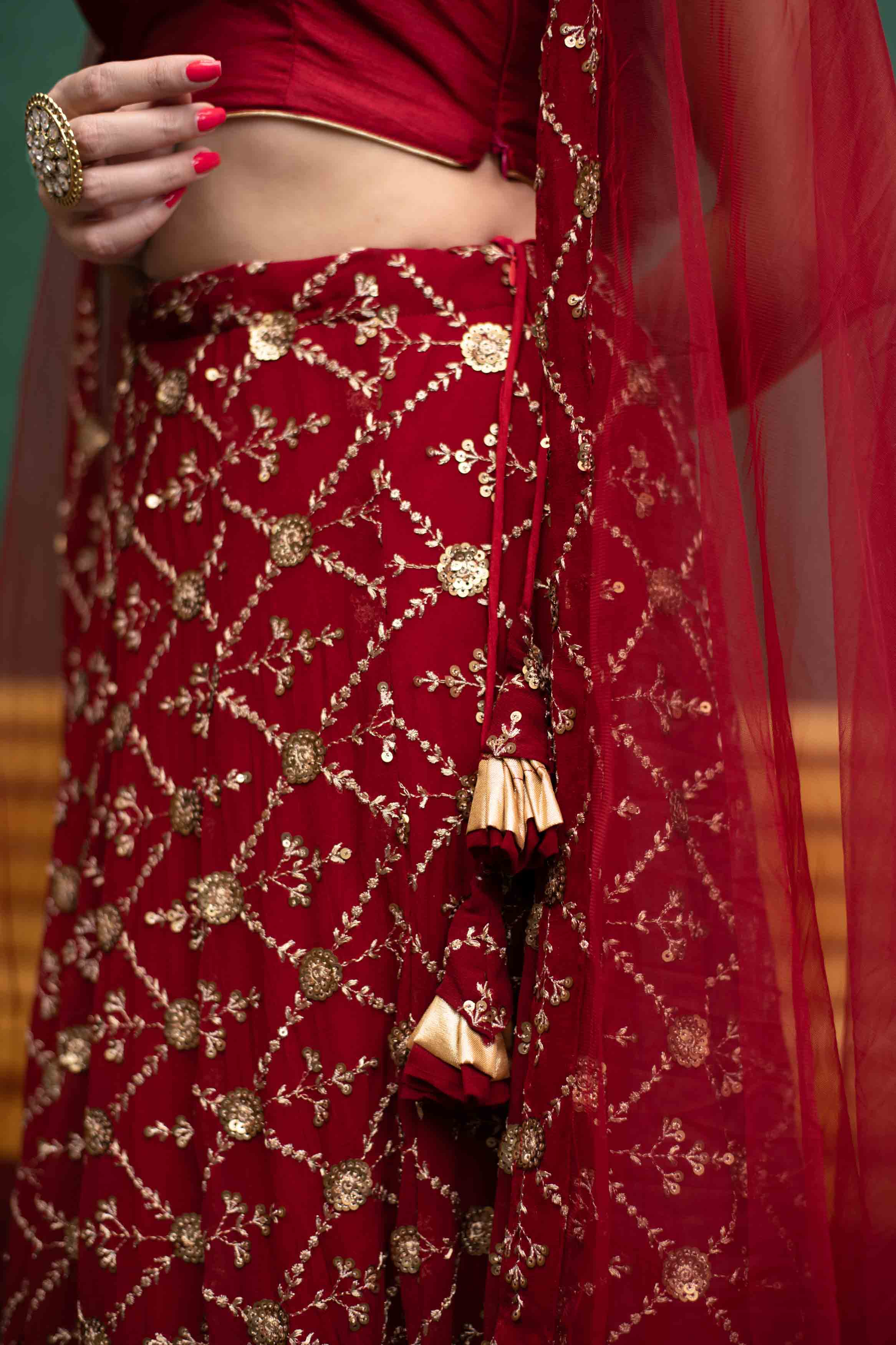 Deep Red Sequin And Zari Work Lehenga Set