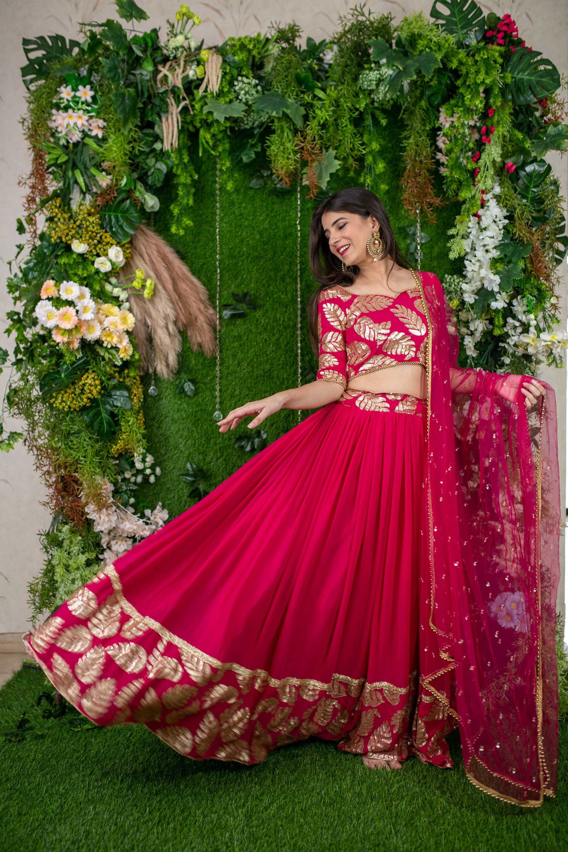 Rani Pink Leaf Daman Lehenga