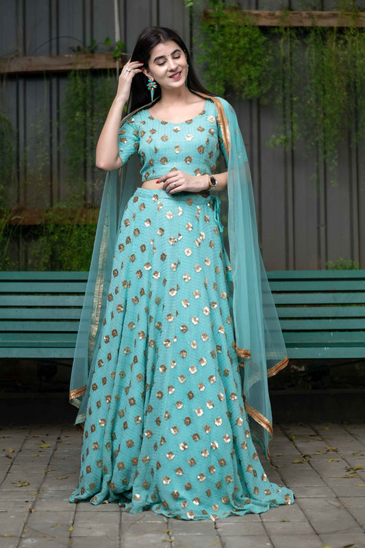 Ice Blue Sequin And Zari Work Lehenga Set