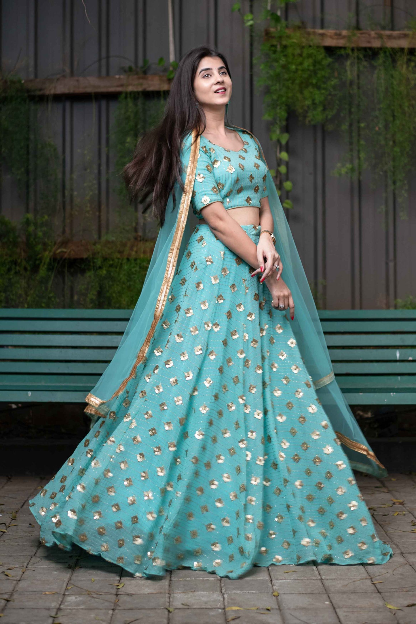Ice Blue Sequin And Zari Work Lehenga Set