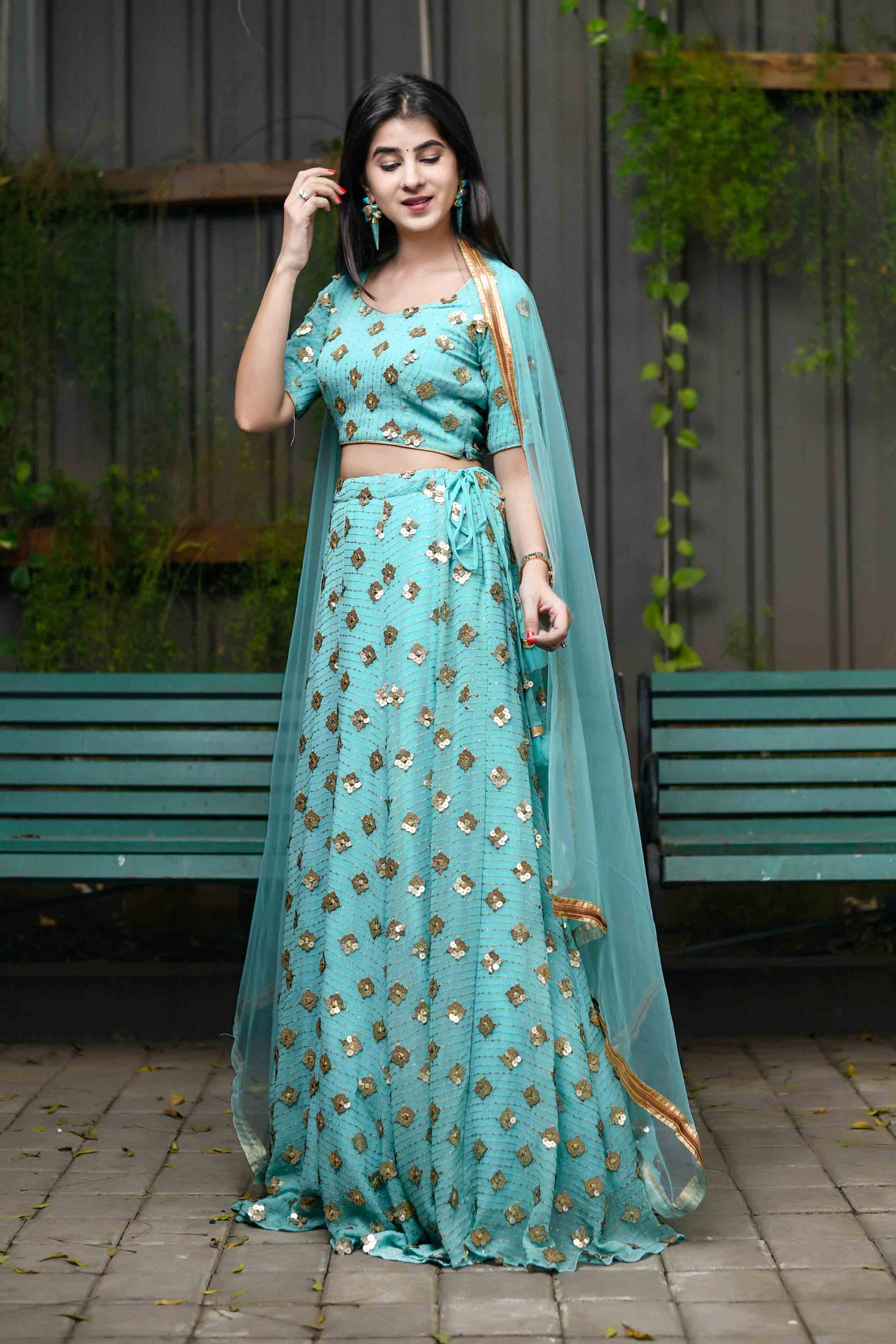 Ice Blue Sequin And Zari Work Lehenga Set