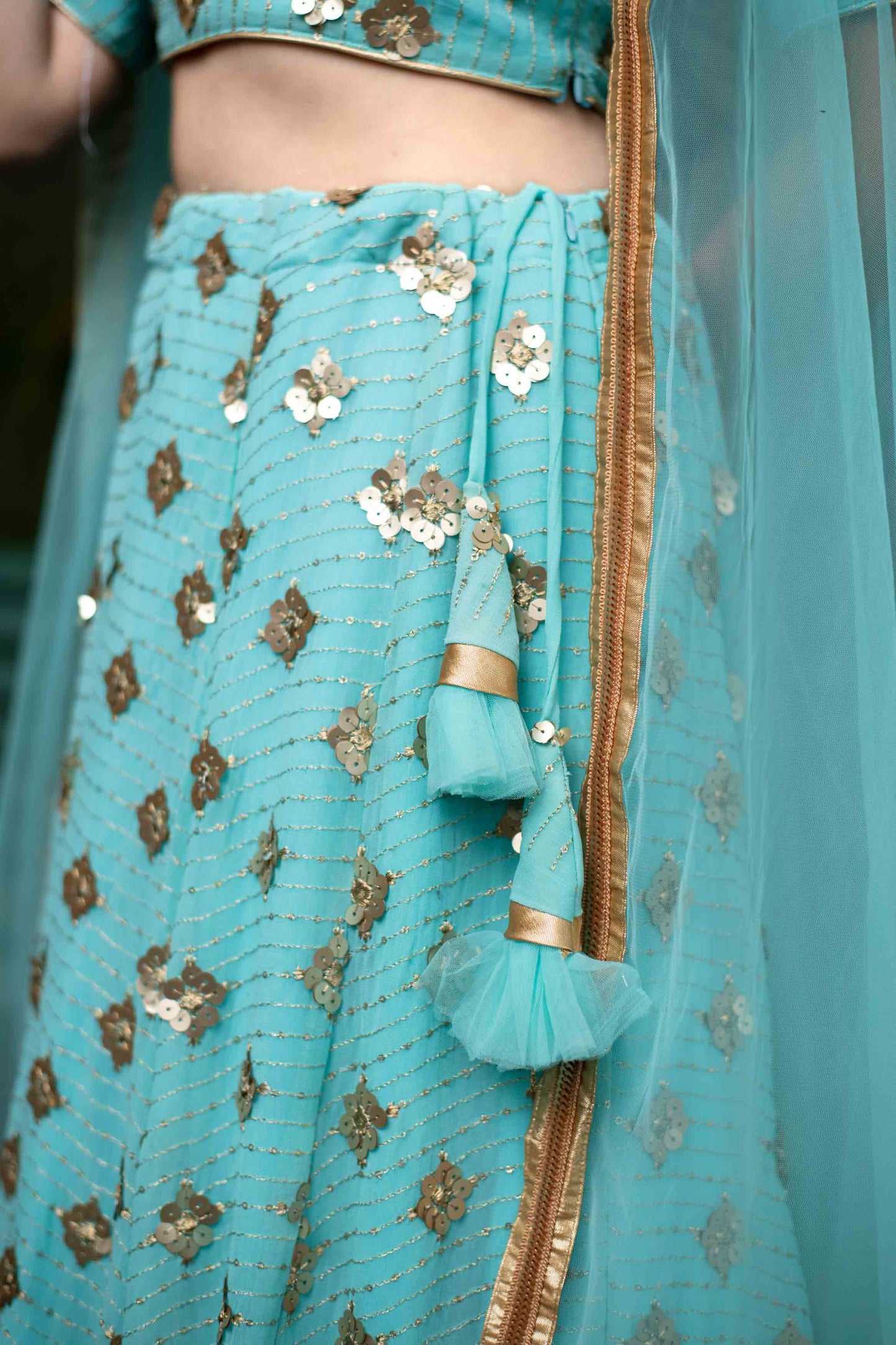 Ice Blue Sequin And Zari Work Lehenga Set