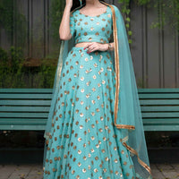 Ice Blue Sequin And Zari Work Lehenga Set