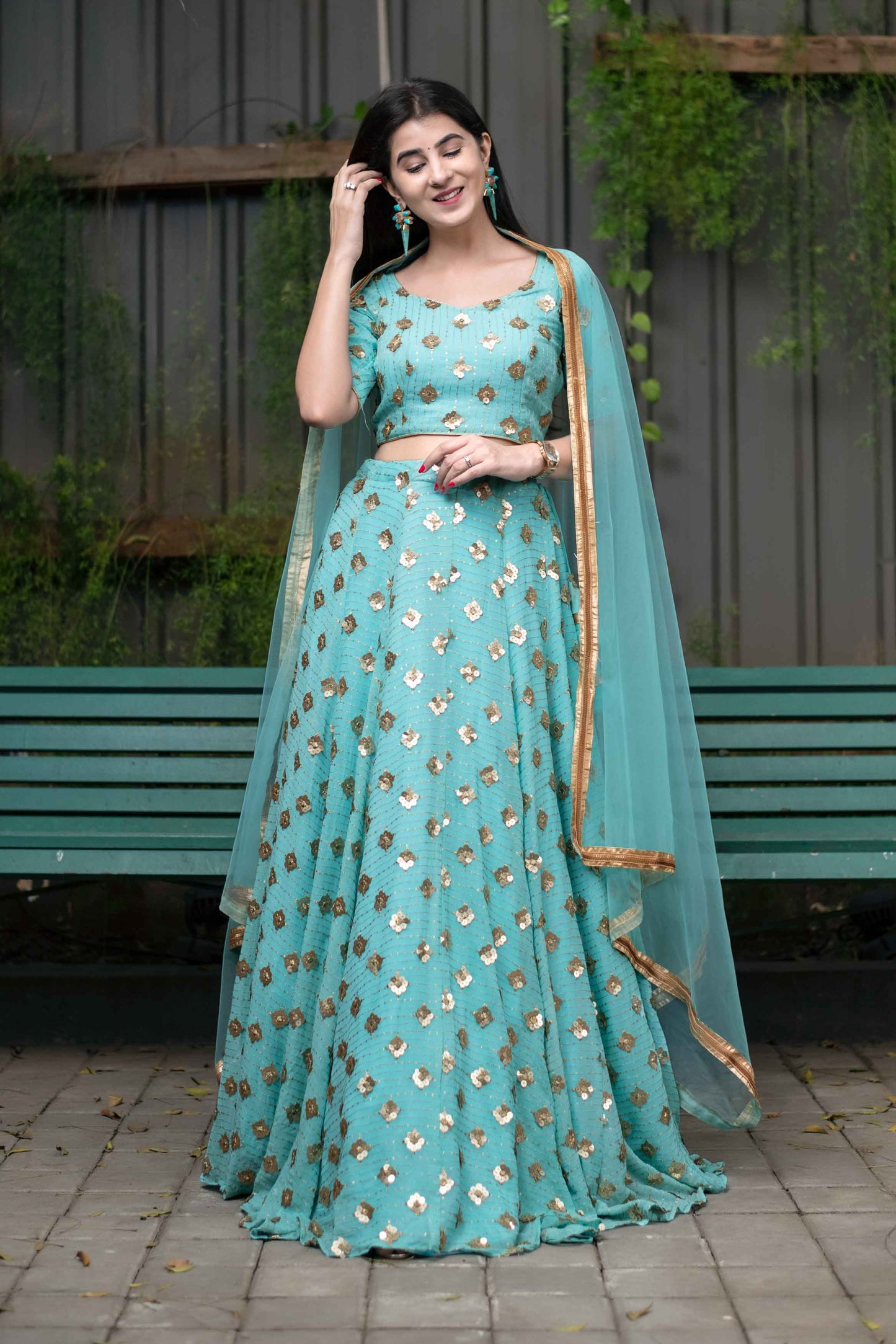 Ice Blue Sequin And Zari Work Lehenga Set