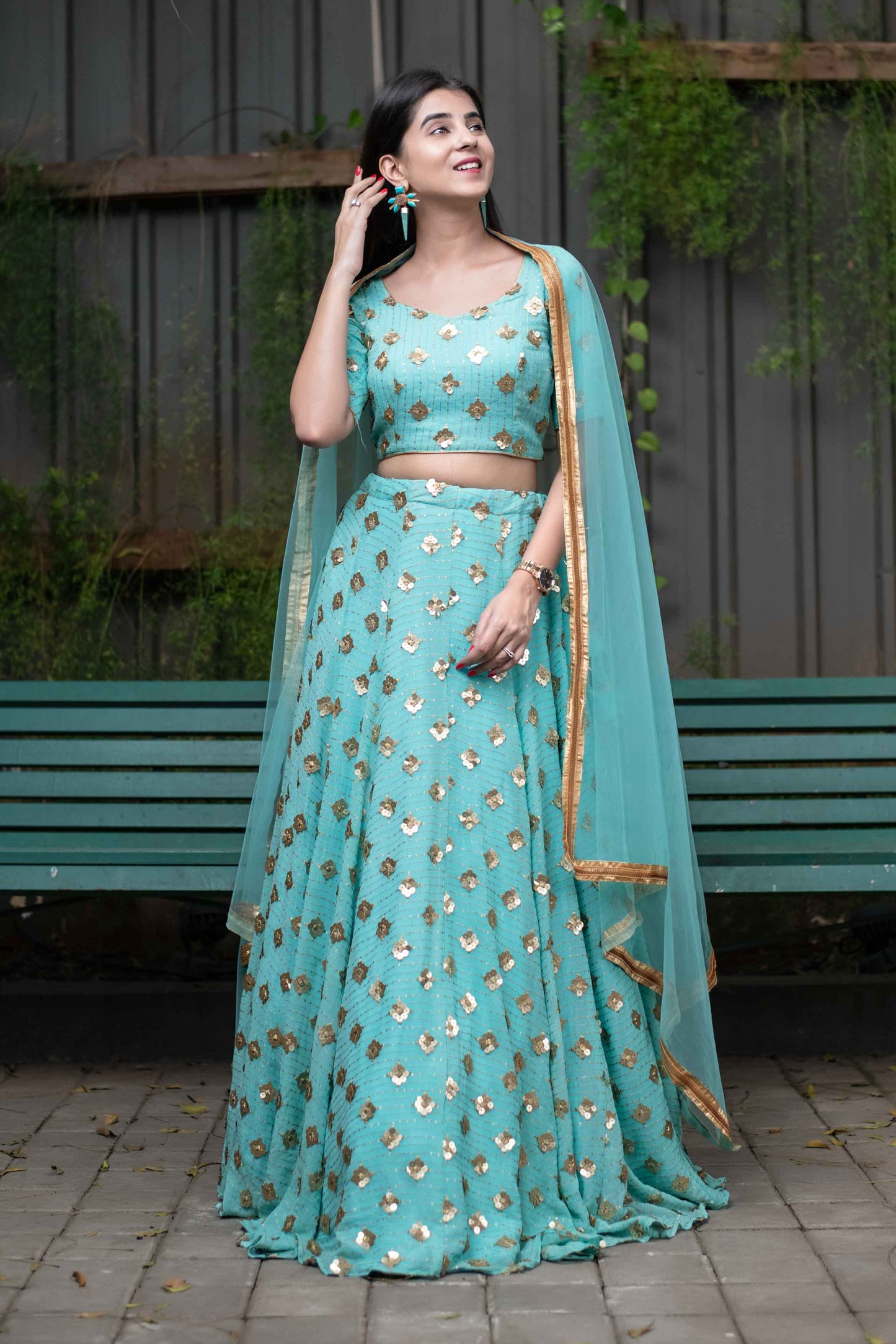 Ice Blue Sequin And Zari Work Lehenga Set