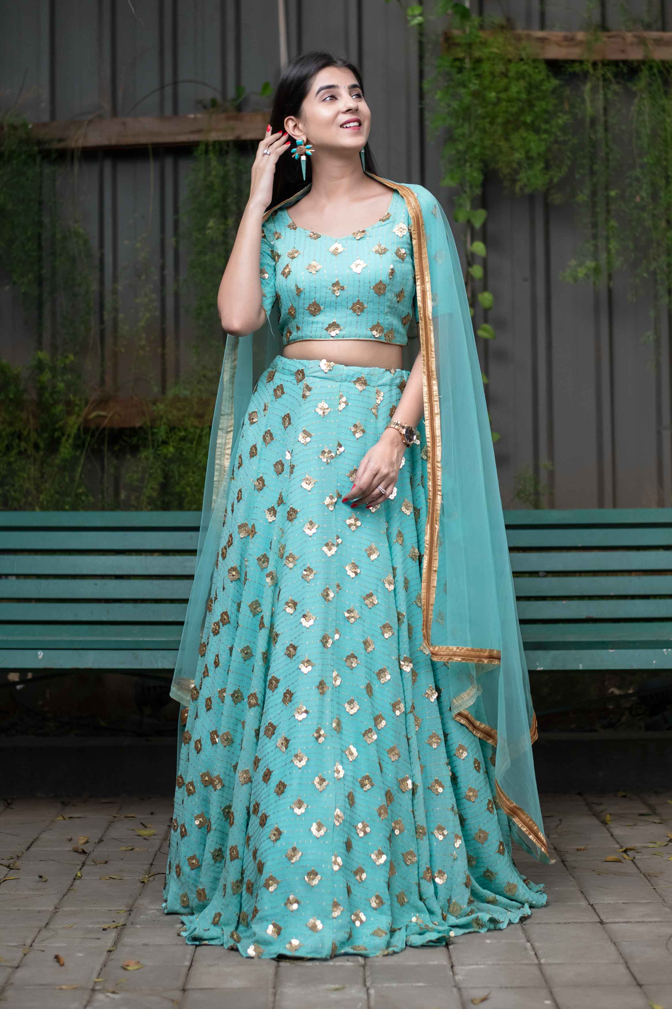 Ice Blue Sequin And Zari Work Lehenga Set