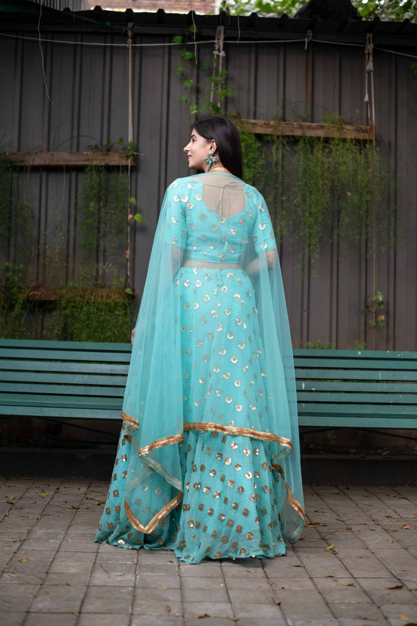 Ice Blue Sequin And Zari Work Lehenga Set