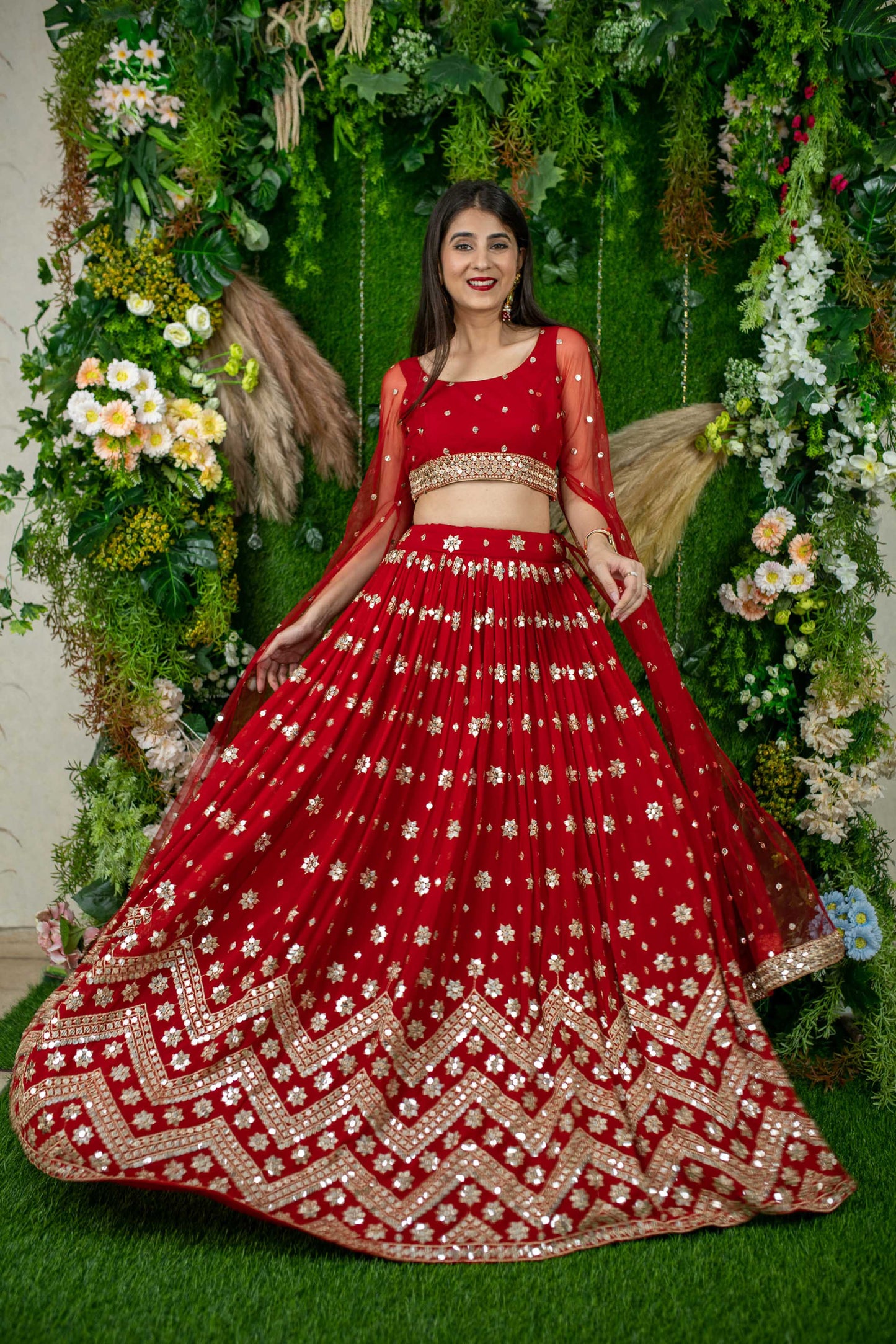 Red And Gold Lehenga Cape Sleeves