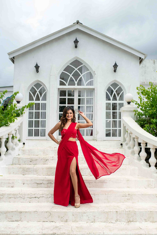 Red Skirt Slit Saree