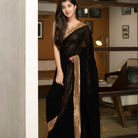 Black Georgette Saree With Gold Sequin Border Work