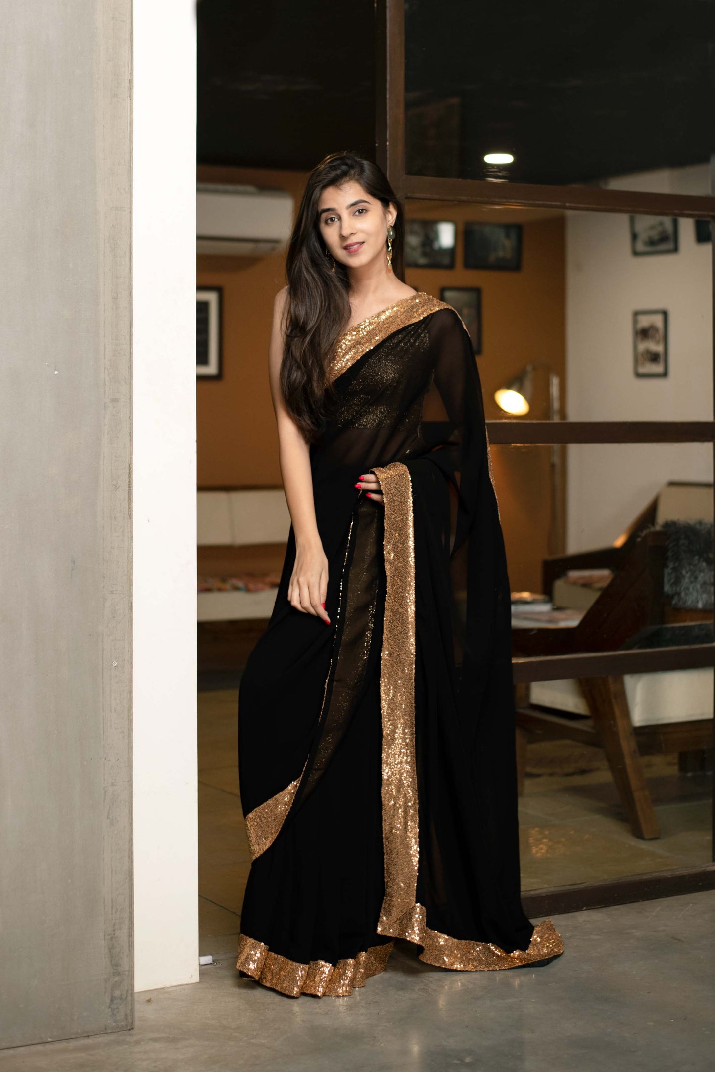 Black Georgette Saree With Gold Sequin Border Work