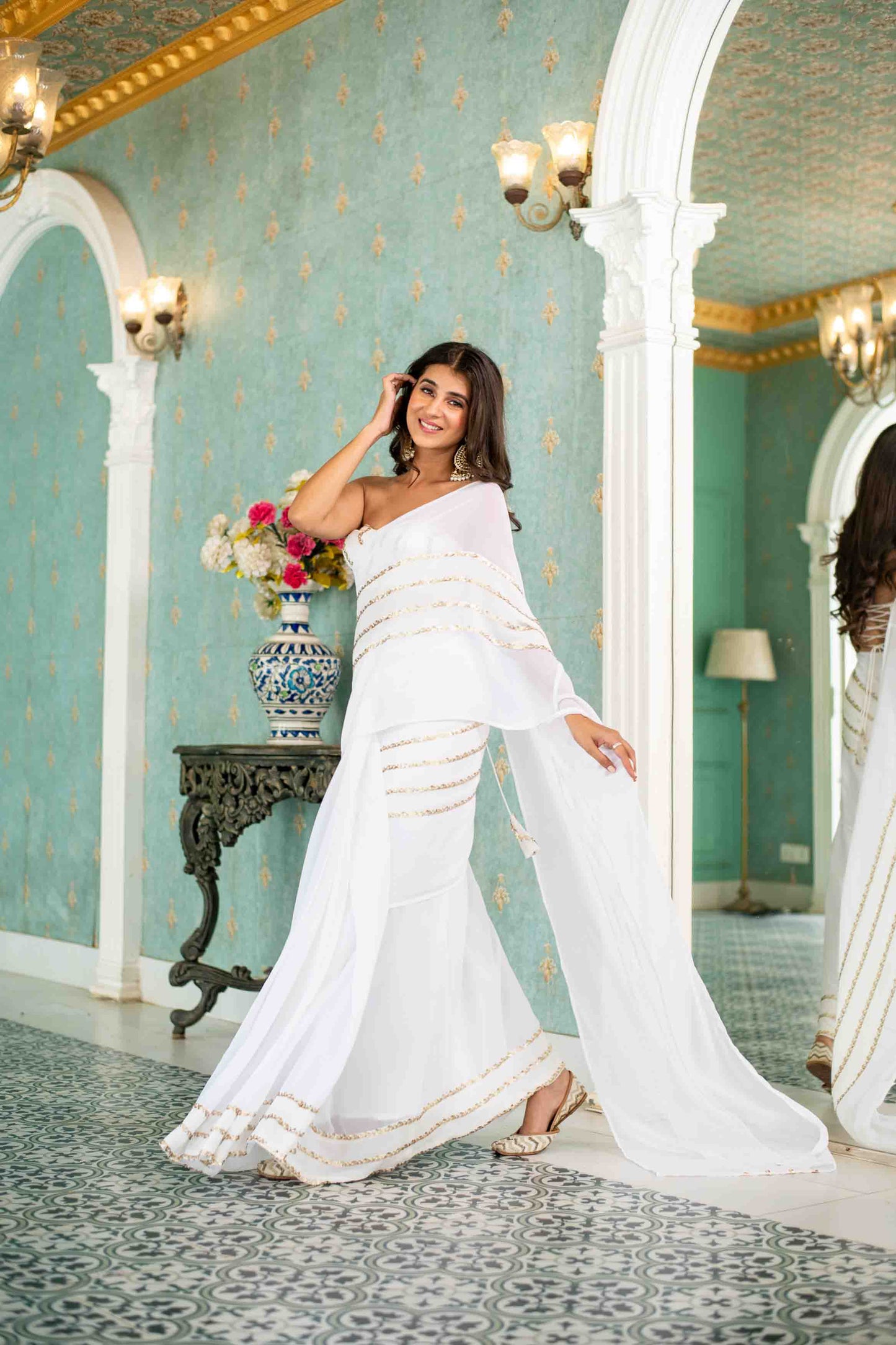 White Sequin Skirt Saree