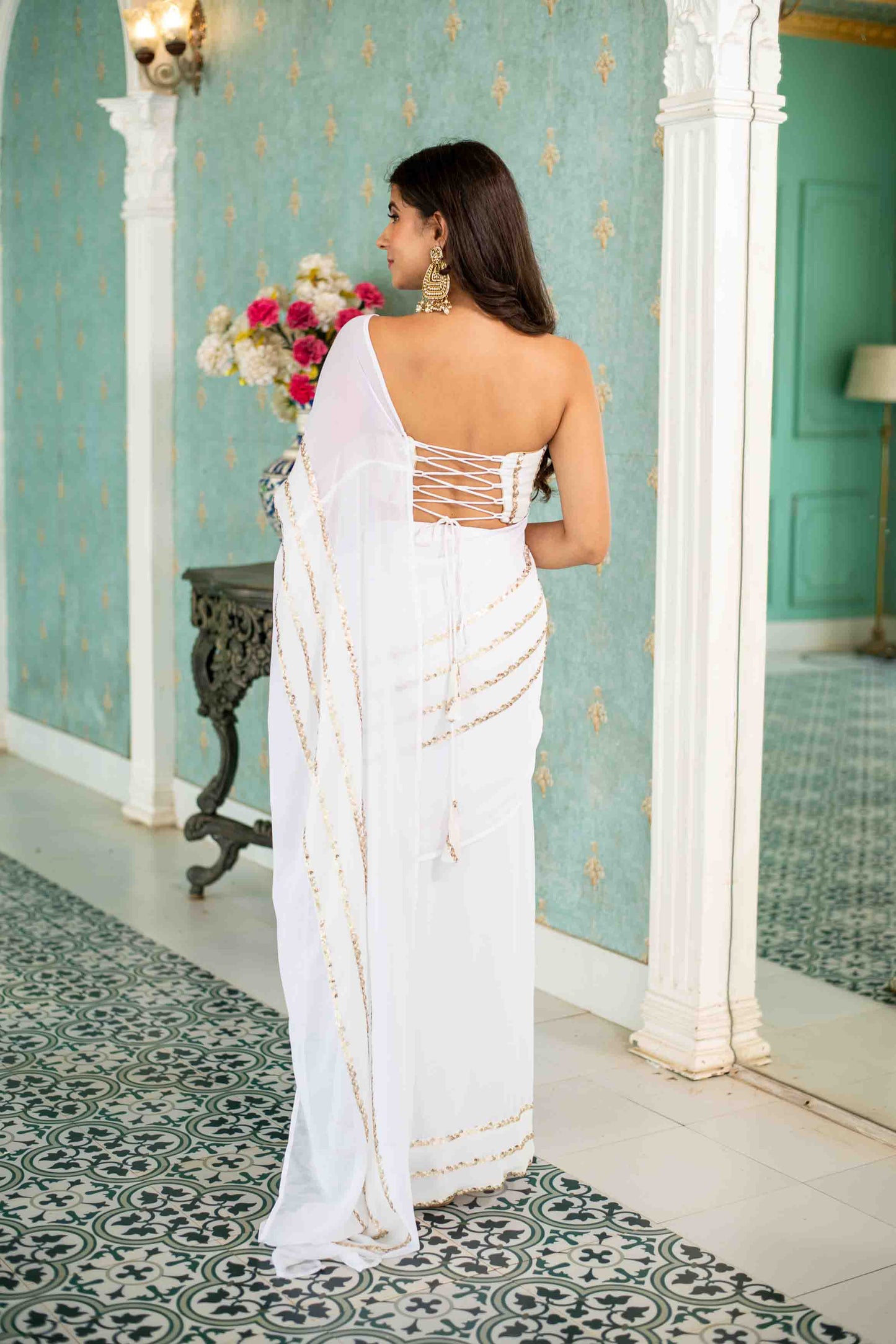 White Sequin Skirt Saree