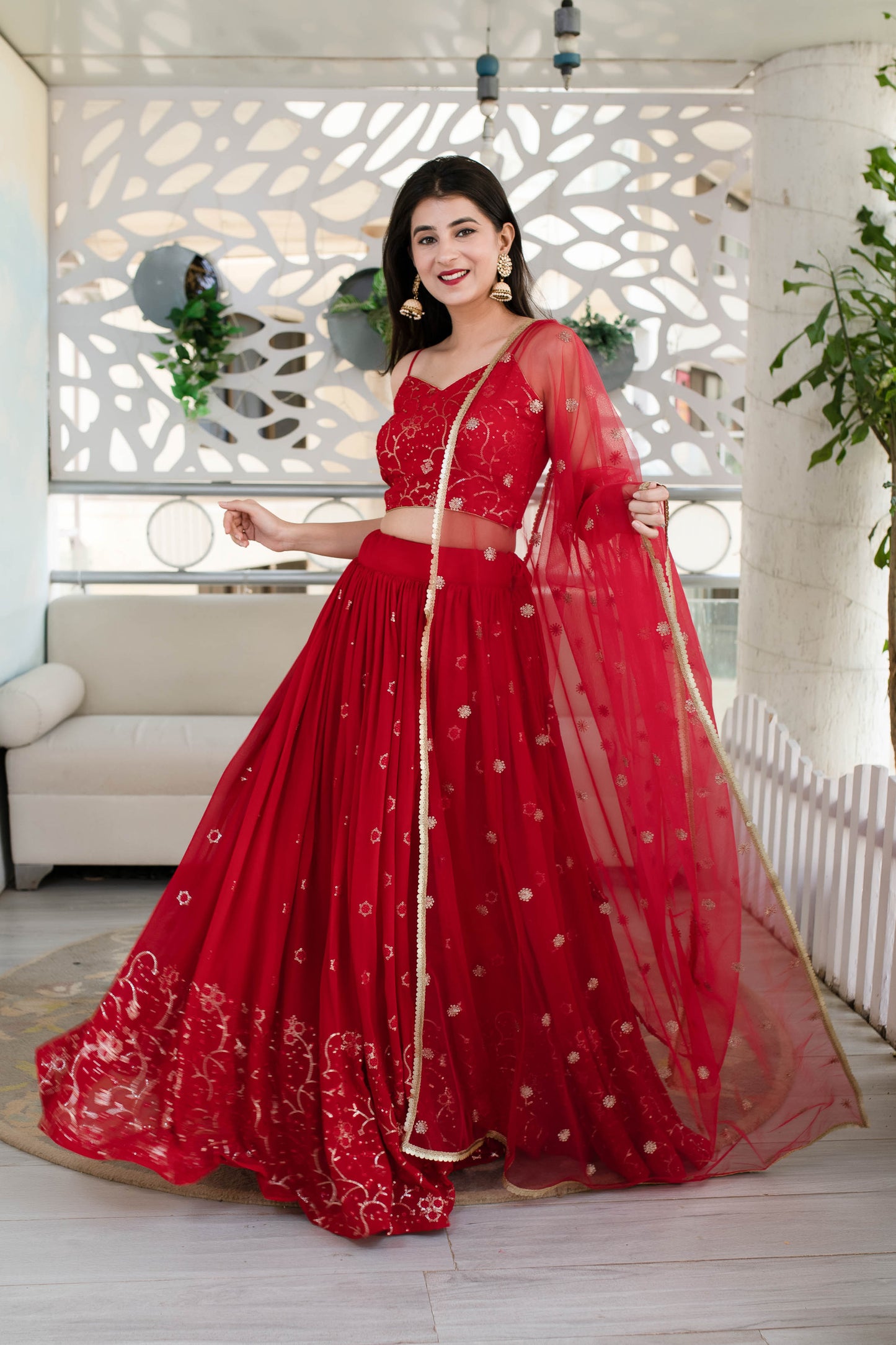 Red Daman Work Lehenga