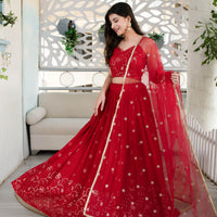 Red Daman Work Lehenga