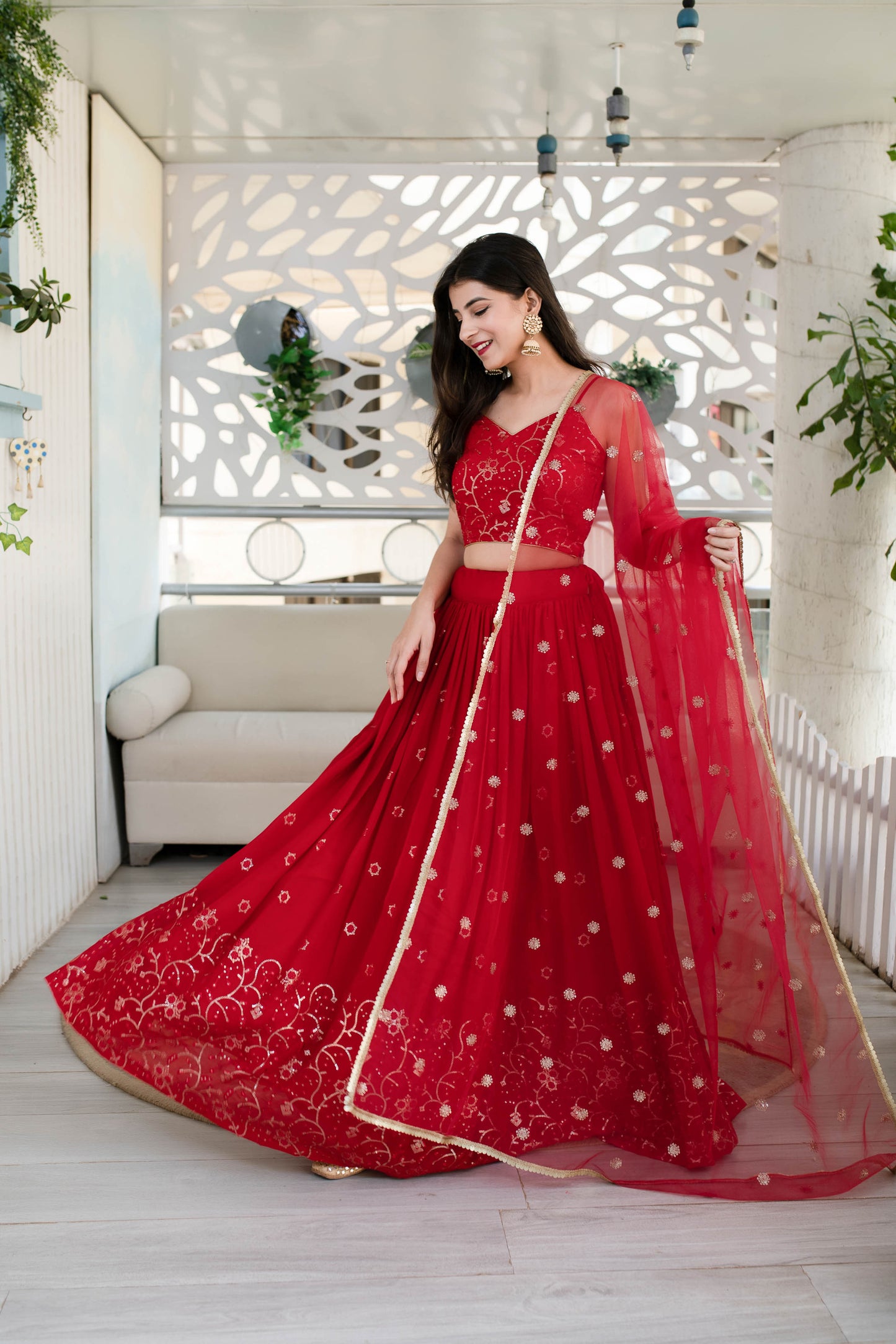 Red Daman Work Lehenga