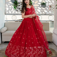 Red Daman Work Lehenga