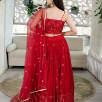 Red Daman Work Lehenga