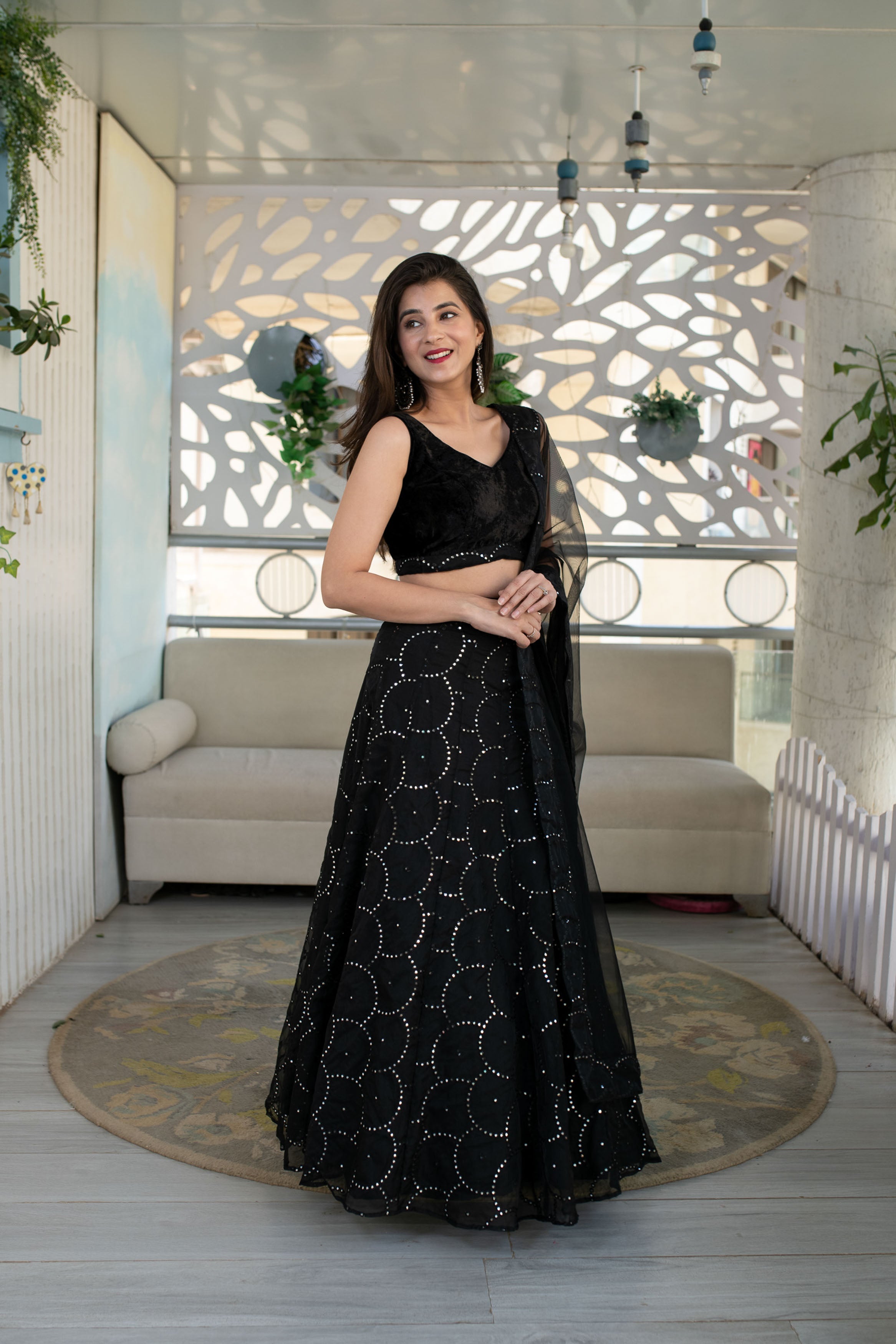 Black Organza Lehenga With Velvet Blouse
