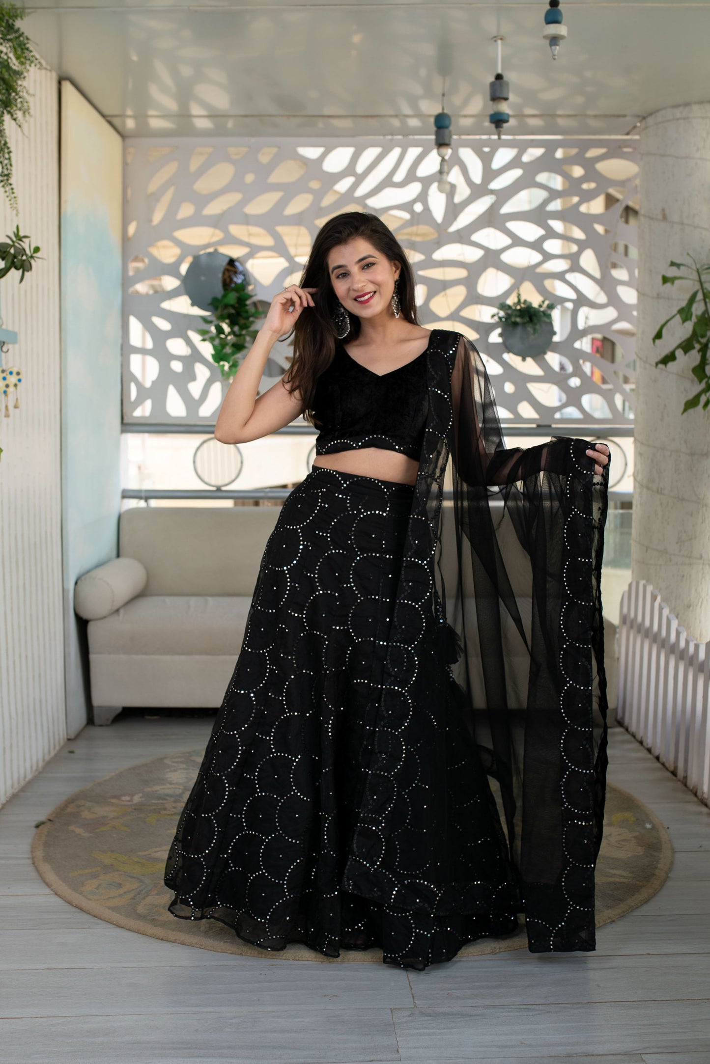 Black Organza Lehenga With Velvet Blouse