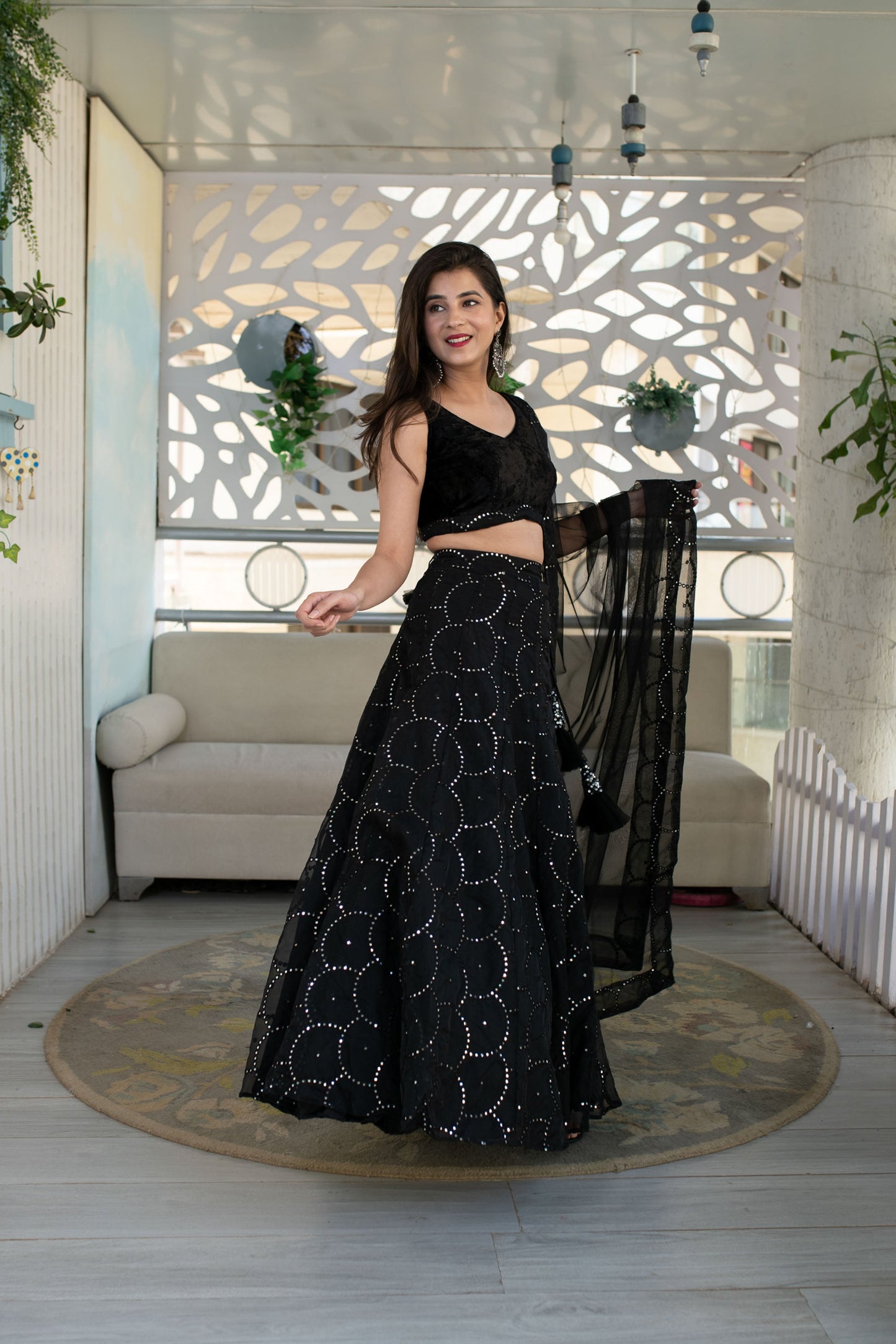 Black Organza Lehenga With Velvet Blouse