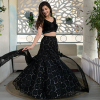Black Organza Lehenga With Velvet Blouse