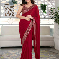 Red Georgette Embroidered Sequin Saree With Unstitched Blouse