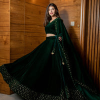 Bottle Green Sequin And Zari Work Velvet Lehenga