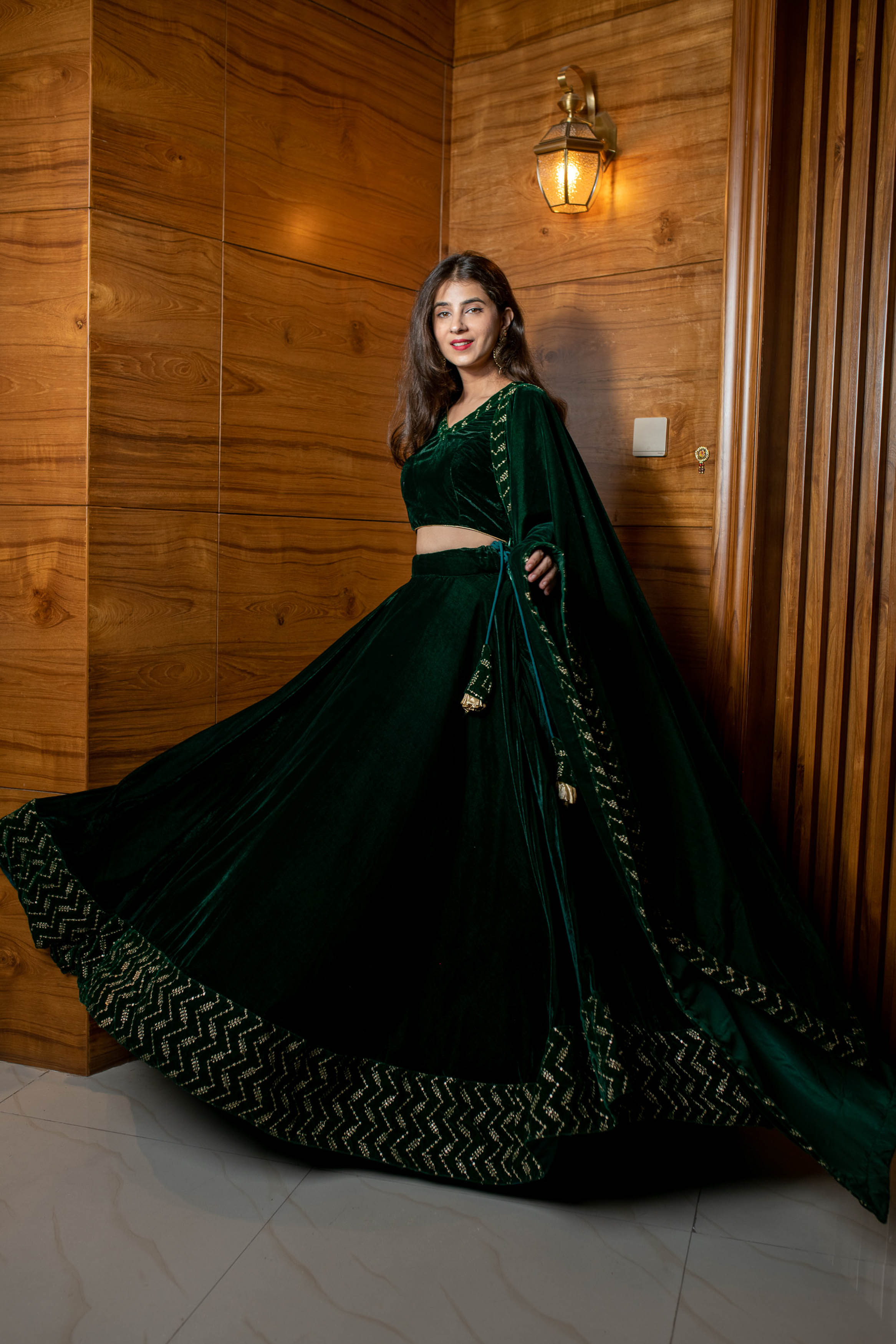 Bottle Green Sequin And Zari Work Velvet Lehenga
